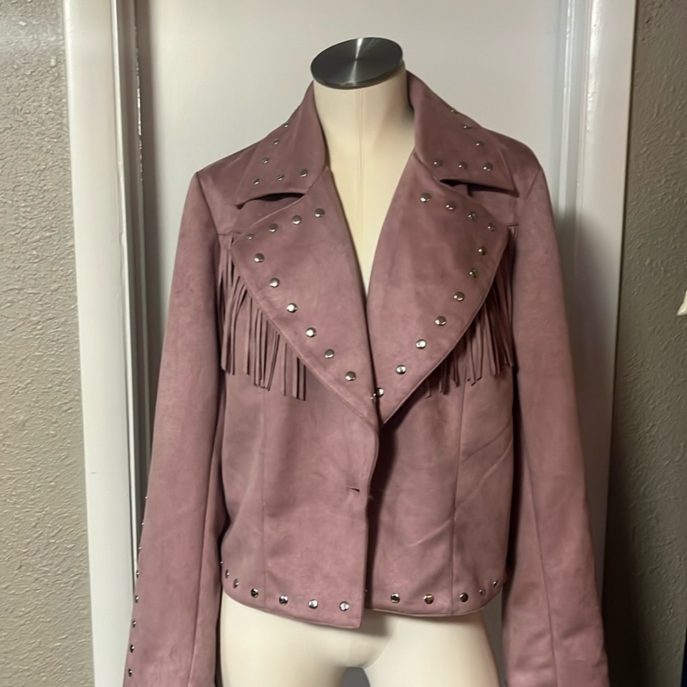 pink suede leather jacket fringes by Adore beaded button close nwt